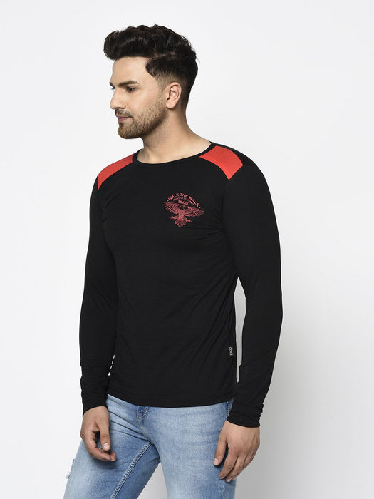 Black Logo Printed Round Neck Cotton Full Sleeve T-Shirt