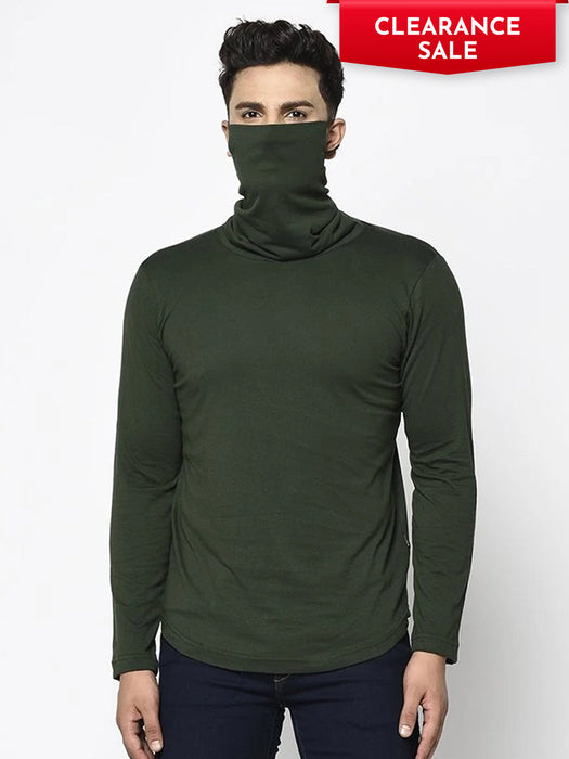 Bottle Green Turtle Mask Neck Cotton Full Sleeve T-shirt