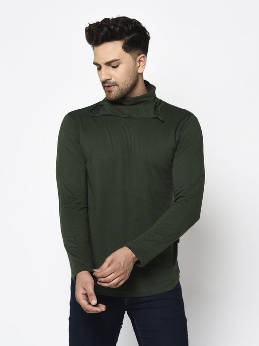 Bottle Green Turtle Mask Neck Cotton Full Sleeve T-shirt