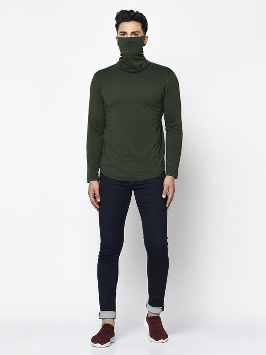 Bottle Green Turtle Mask Neck Cotton Full Sleeve T-shirt