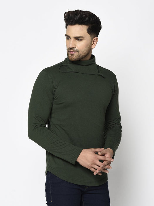 Bottle Green Turtle Mask Neck Cotton Full Sleeve T-shirt