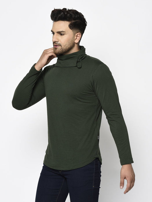 Bottle Green Turtle Mask Neck Cotton Full Sleeve T-shirt