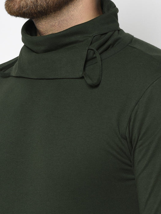 Bottle Green Turtle Mask Neck Cotton Full Sleeve T-shirt