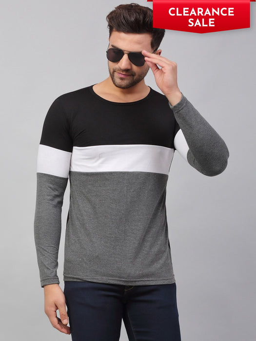 Black White Charcoal Color Block Round Neck Cotton Full Sleeve T-Shirt