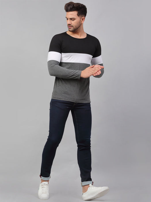 Black White Charcoal Color Block Round Neck Cotton Full Sleeve T-Shirt