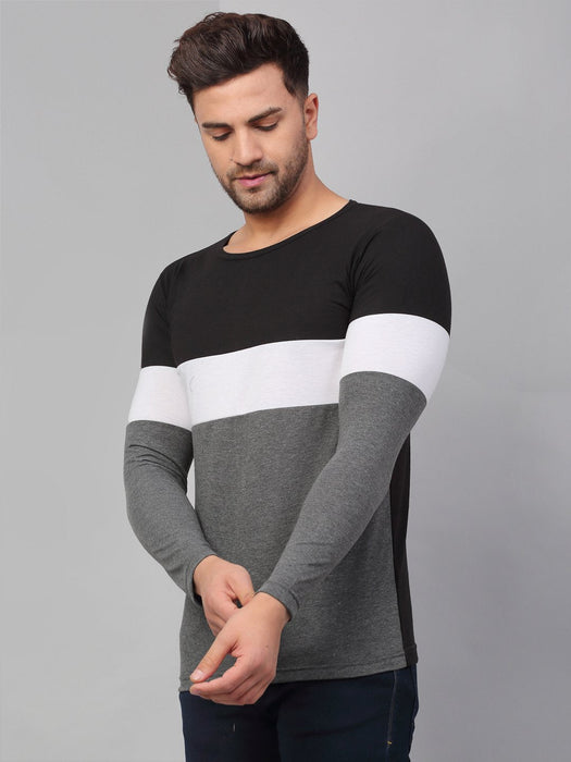 Black White Charcoal Color Block Round Neck Cotton Full Sleeve T-Shirt