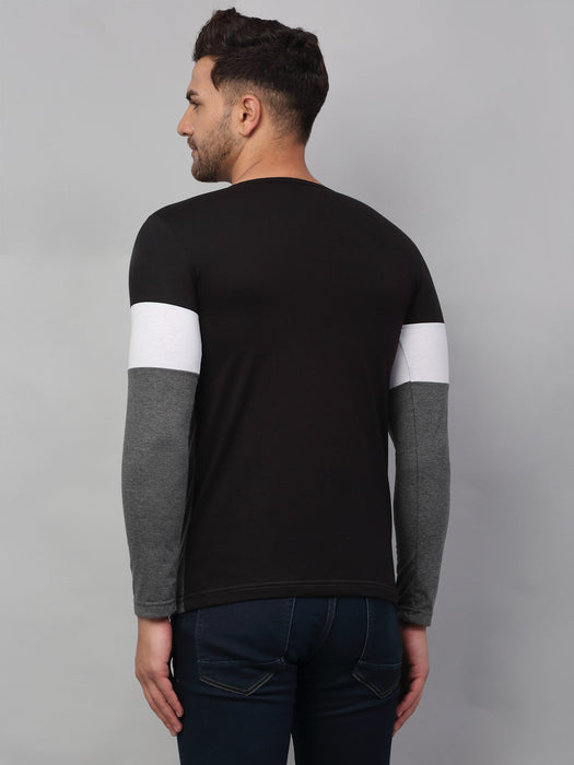 Black White Charcoal Color Block Round Neck Cotton Full Sleeve T-Shirt