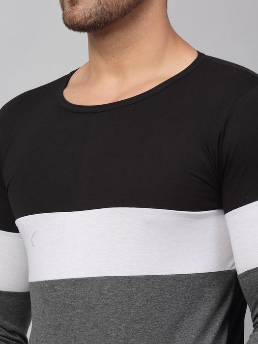 Black White Charcoal Color Block Round Neck Cotton Full Sleeve T-Shirt