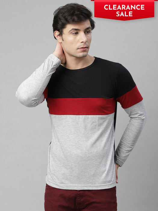 Black Maroon Grey Color Block Round Neck Cotton Full Sleeve T-Shirt