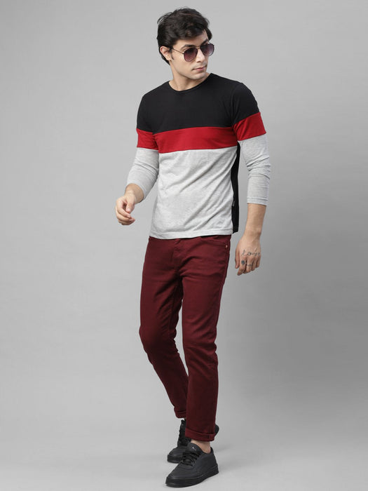 Black Maroon Grey Color Block Round Neck Cotton Full Sleeve T-Shirt