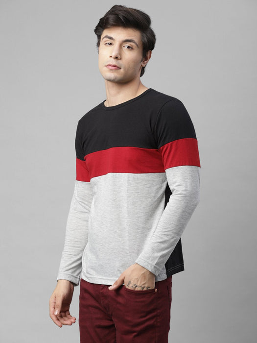 Black Maroon Grey Color Block Round Neck Cotton Full Sleeve T-Shirt