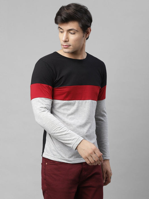 Black Maroon Grey Color Block Round Neck Cotton Full Sleeve T-Shirt