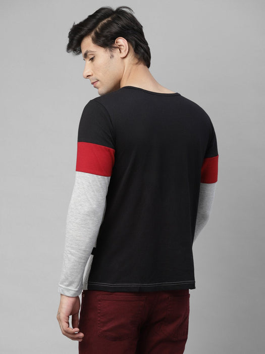 Black Maroon Grey Color Block Round Neck Cotton Full Sleeve T-Shirt