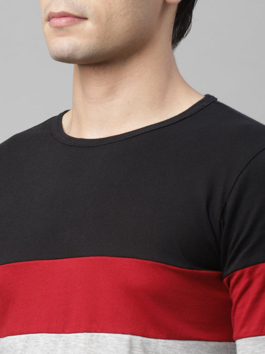 Black Maroon Grey Color Block Round Neck Cotton Full Sleeve T-Shirt