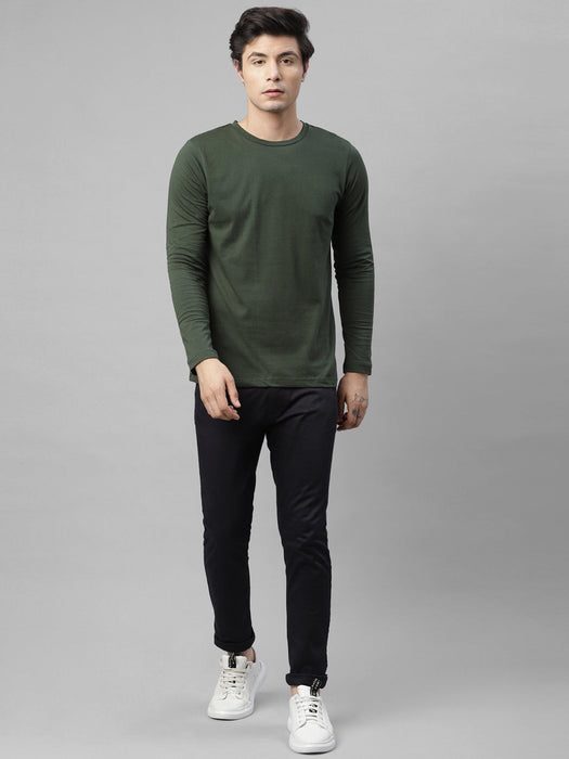 Bottle Green Round Neck Cotton Full Sleeve T-Shirt