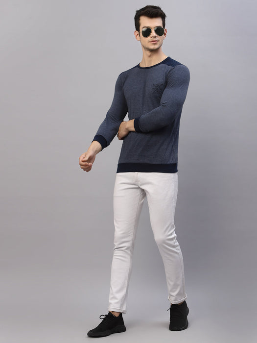 Blue Melange Round Neck Full Sleeve T-Shirt