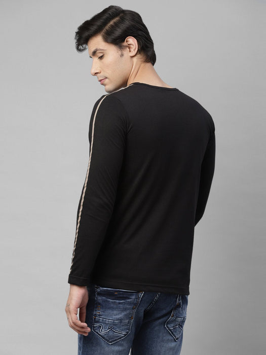 Black With Contrast Tape Detailing Round Neck Cotton Full Sleeve T-Shirt