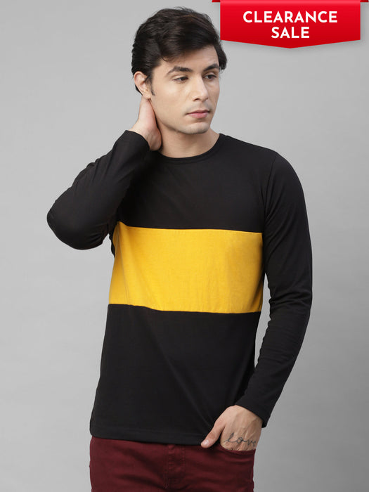 Black Yellow Color Block Round Neck Cotton Full Sleeve T-Shirt