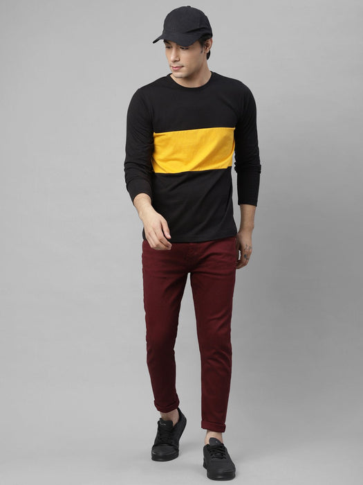 Black Yellow Color Block Round Neck Cotton Full Sleeve T-Shirt