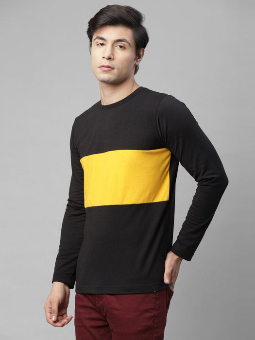 Black Yellow Color Block Round Neck Cotton Full Sleeve T-Shirt