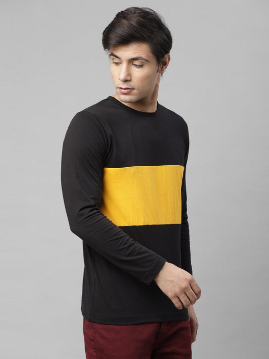 Black Yellow Color Block Round Neck Cotton Full Sleeve T-Shirt