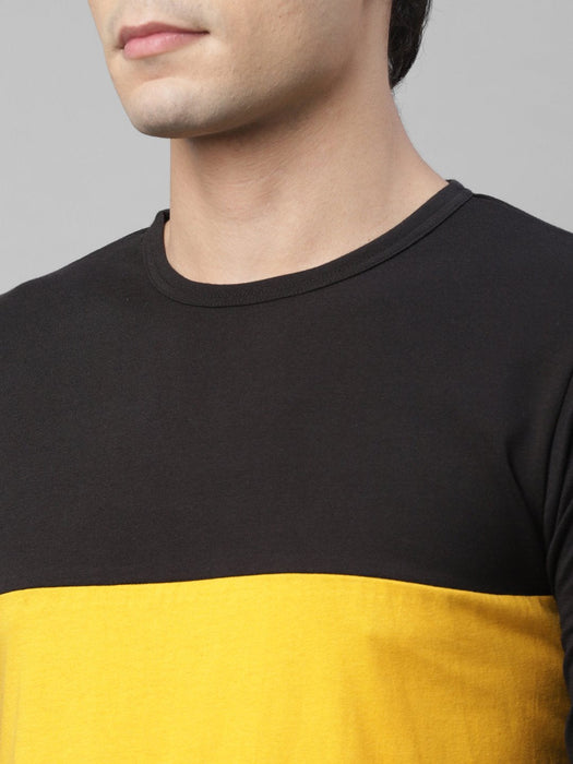 Black Yellow Color Block Round Neck Cotton Full Sleeve T-Shirt