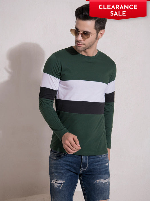 Bottle Green White Color Block Round Neck Cotton Full Sleeve T-Shirt