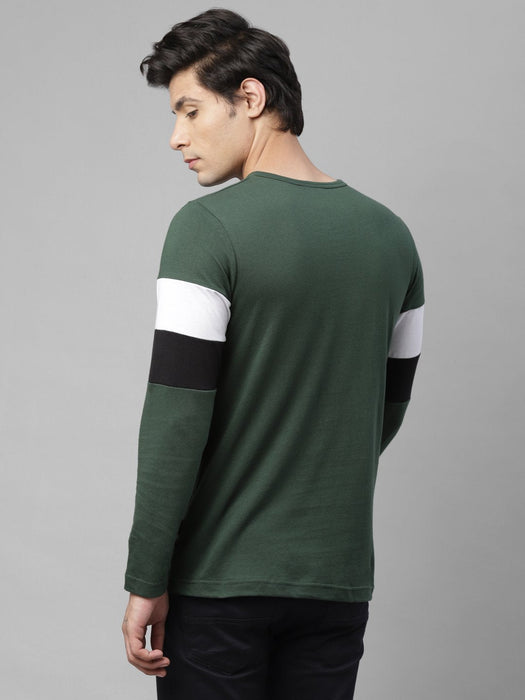 Bottle Green White Color Block Round Neck Cotton Full Sleeve T-Shirt