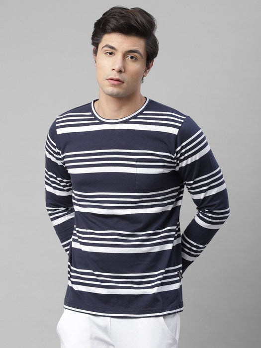 Navy White Stripe Round Neck Cotton Full Sleeve T-Shirt