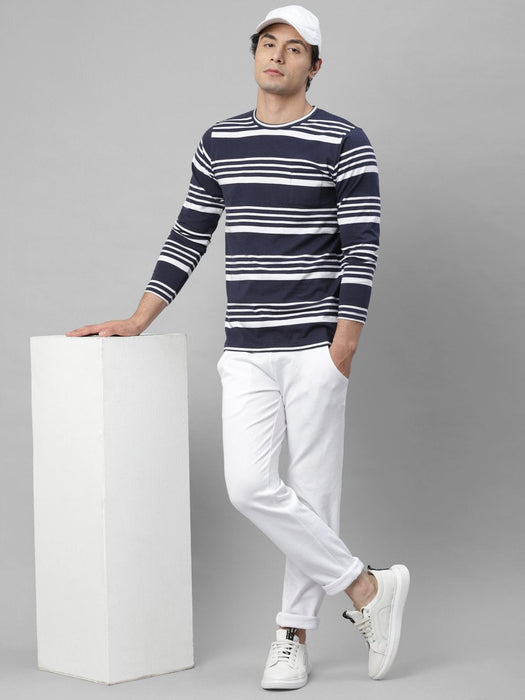 Navy White Stripe Round Neck Cotton Full Sleeve T-Shirt