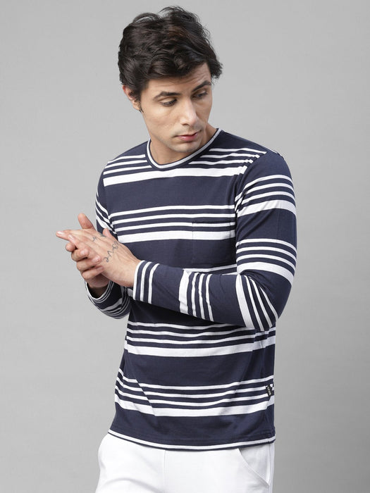 Navy White Stripe Round Neck Cotton Full Sleeve T-Shirt