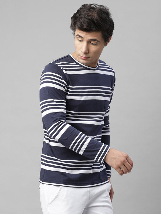 Navy White Stripe Round Neck Cotton Full Sleeve T-Shirt