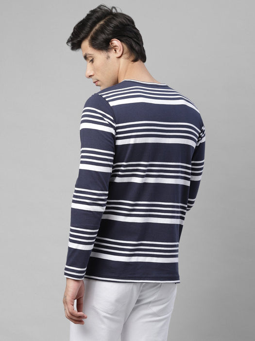 Navy White Stripe Round Neck Cotton Full Sleeve T-Shirt