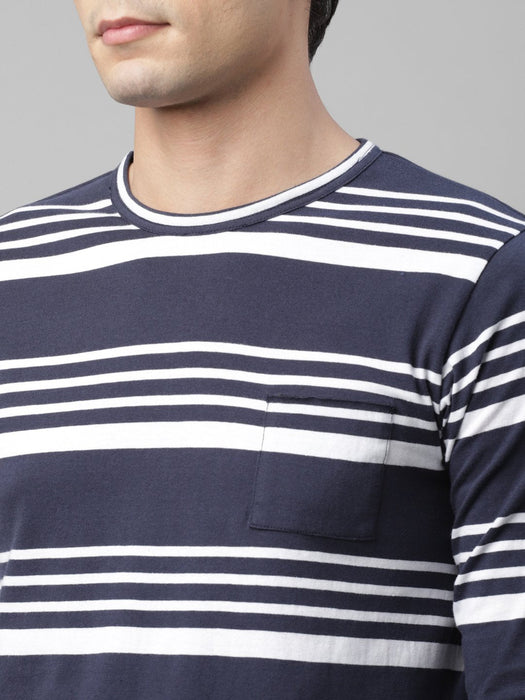 Navy White Stripe Round Neck Cotton Full Sleeve T-Shirt