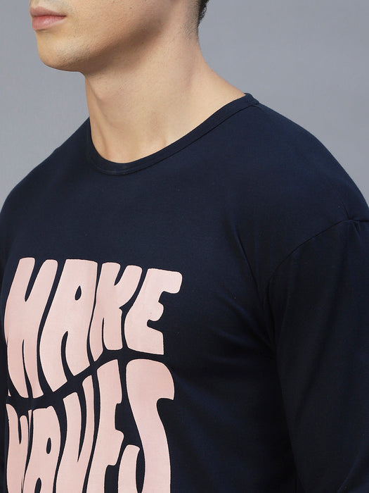 Navy Blue Printed Oversize T-Shirt