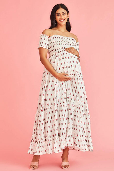 Kyra Off-Shoulder Tiered Maxi Maternity Dress