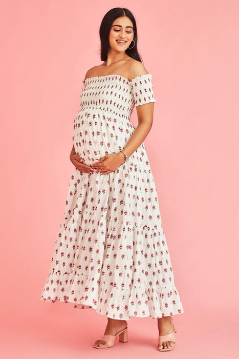 Kyra Off-Shoulder Tiered Maxi Maternity Dress