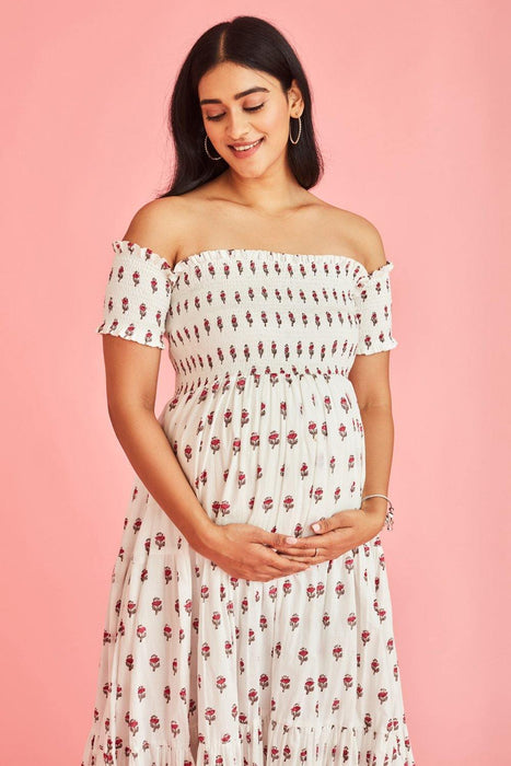 Kyra Off-Shoulder Tiered Maxi Maternity Dress