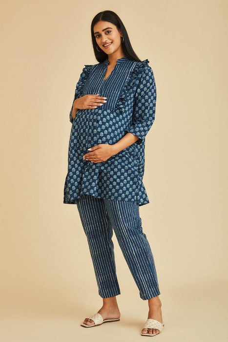 Grace Nursing & Maternity Indigo Ruffle Kurta Set