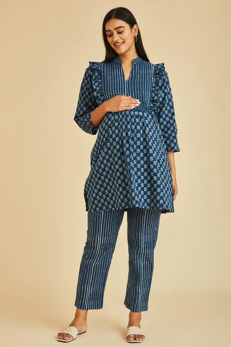 Grace Nursing & Maternity Indigo Ruffle Kurta Set