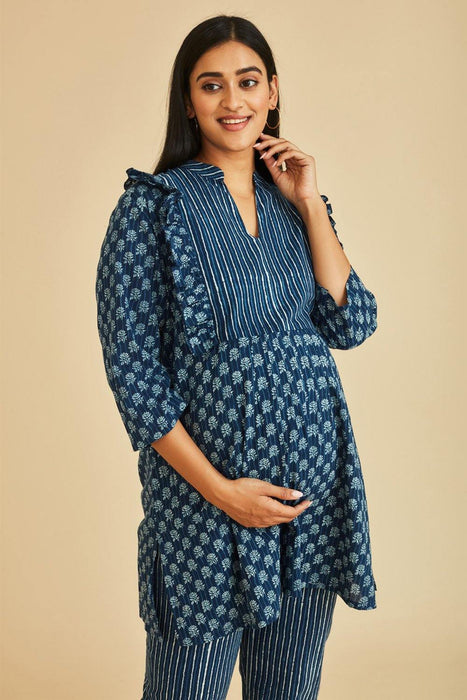 Grace Nursing & Maternity Indigo Ruffle Kurta Set