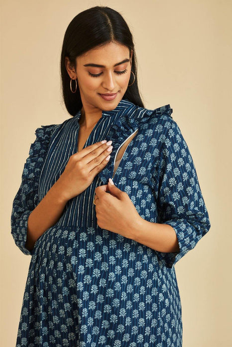 Grace Nursing & Maternity Indigo Ruffle Kurta Set