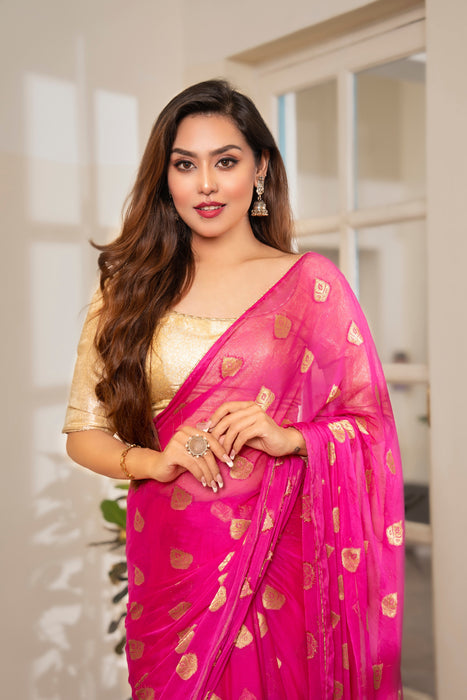 Raspberry Radiance (Chiffon Saree with zari buttis)