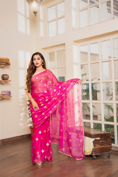 Raspberry Radiance (Chiffon Saree with zari buttis)