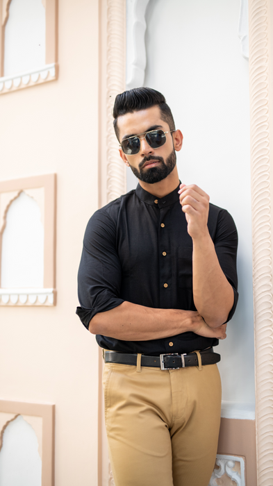 Black Solid Cotton Linen Shirt