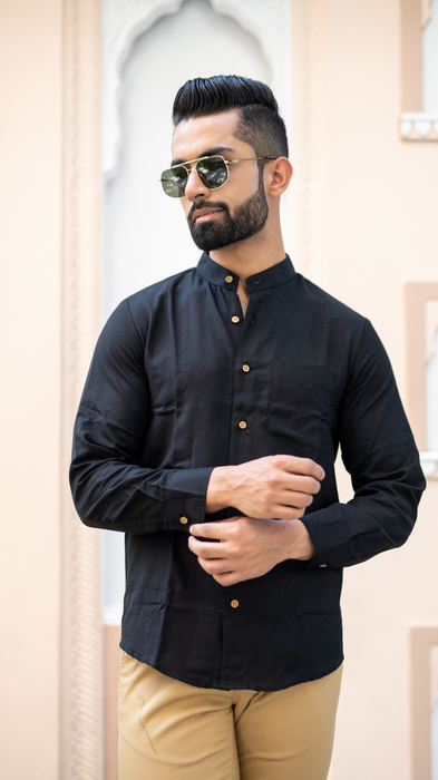 Black Solid Cotton Linen Shirt