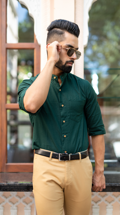 Bottle Green Solid Cotton Linen Shirt