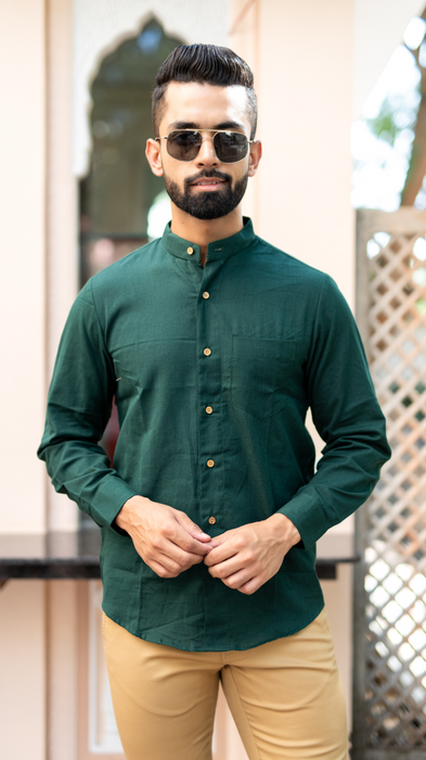 Bottle Green Solid Cotton Linen Shirt