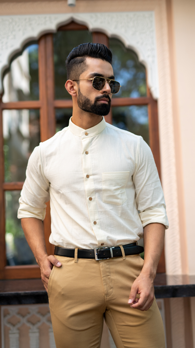 Cream Solid Cotton Linen Shirt