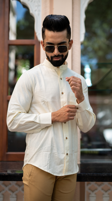 Cream Solid Cotton Linen Shirt